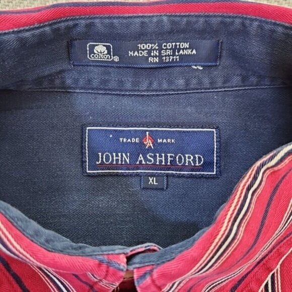John Ashford Men's Dress Shirt Medium Red Blue Button-Down Striped Long Sleeve - Picture 5 of 13